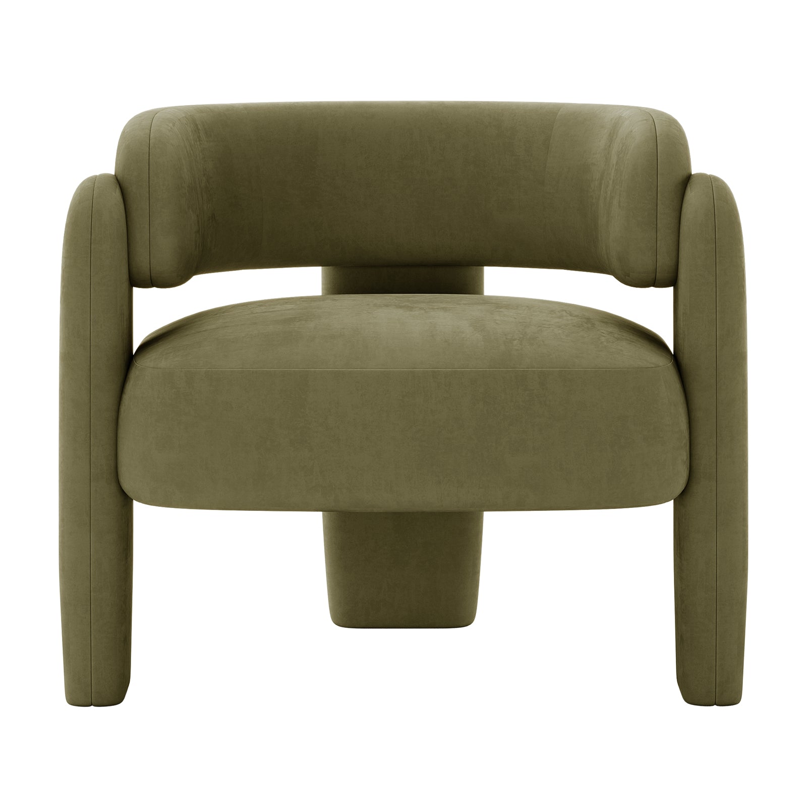 Seto Velvet Curved Occasional Accent Chair – Sage, featuring an olive-green upholstery, low padded seat, tubular wrap-around cushion backrest, and a unique pedestal and cylindrical leg design for a minimalist look.
