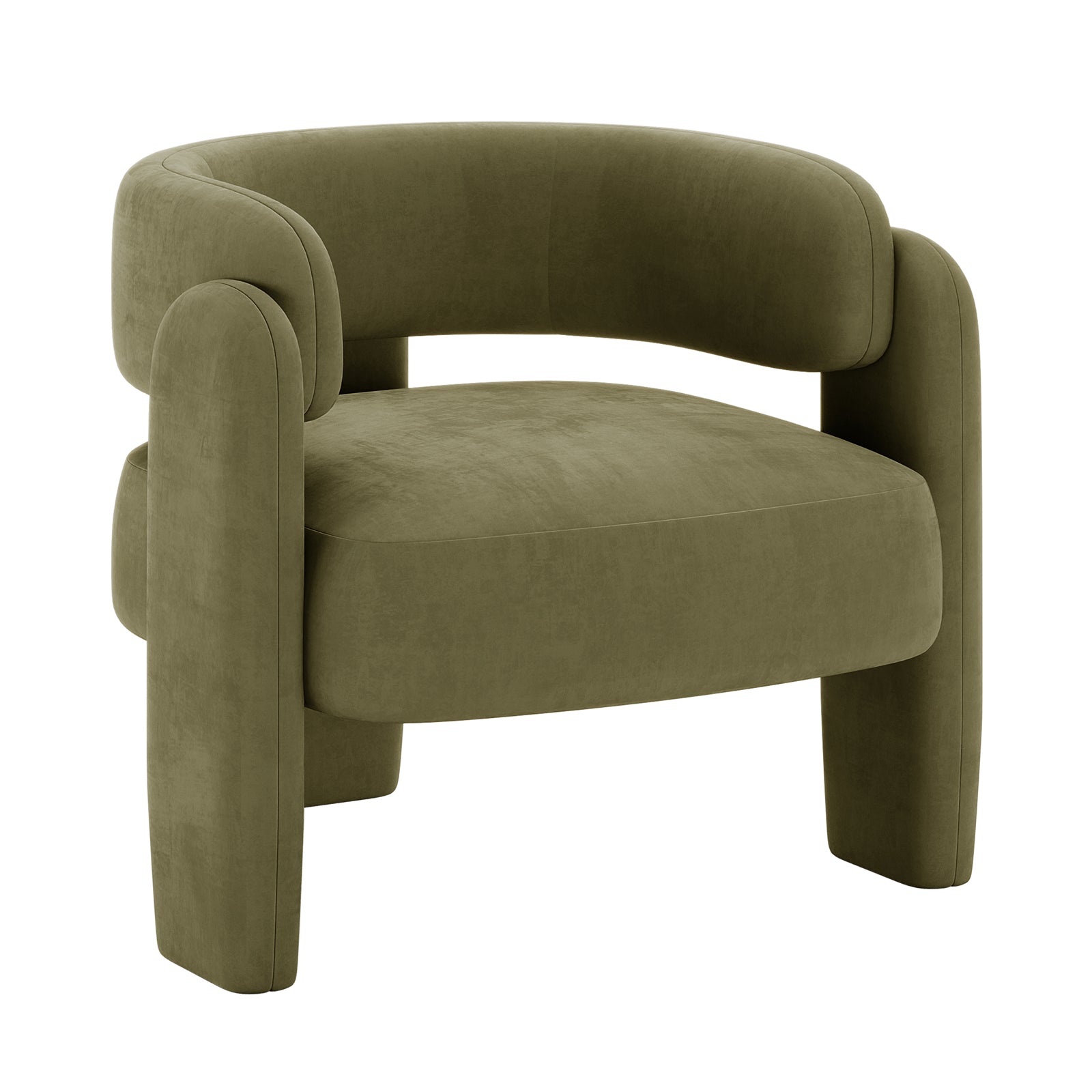 Seto Velvet Curved Occasional Accent Chair - Sage in olive-green velvet with a low, rounded backrest, thick cushioned seat, and chunky cylindrical legs, showcasing a modern sculptural design.