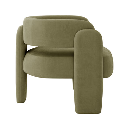 Seto Velvet Curved Occasional Accent Chair – Sage features an olive-green velvet-like fabric, showcasing thick, rounded cushions and curved legs, embodying a modern, minimalist design with a soft, tubular shape.
