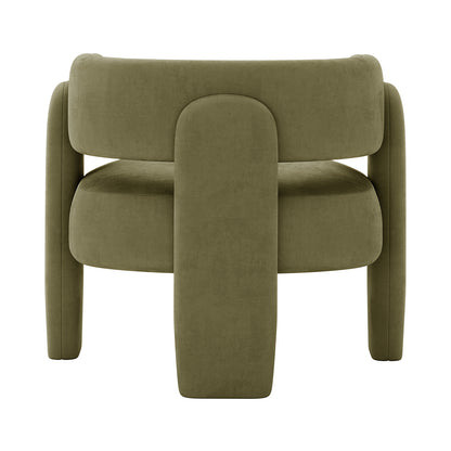 Seto Velvet Curved Occasional Accent Chair - Sage, showcasing its olive-green upholstery, rounded backrest, plush seat, and four slightly tapered legs on a white backdrop.