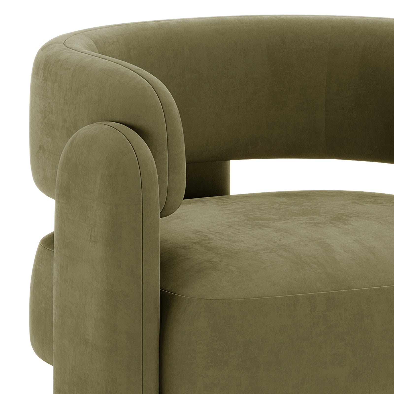 Seto Velvet Curved Occasional Accent Chair – Sage, featuring an olive-green velvet fabric, rounded backrest, thick cushioned seat, and tube-shaped arm supports, ideal for stylish comfort in any living space.