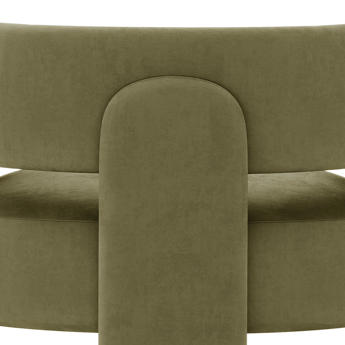 Seto Velvet Curved Occasional Accent Chair – Sage: Close-up of olive-green, drum-shaped chair with rounded cushions and curved backrest, in soft velvet or microsuede fabric, showcasing modern, elegant design.