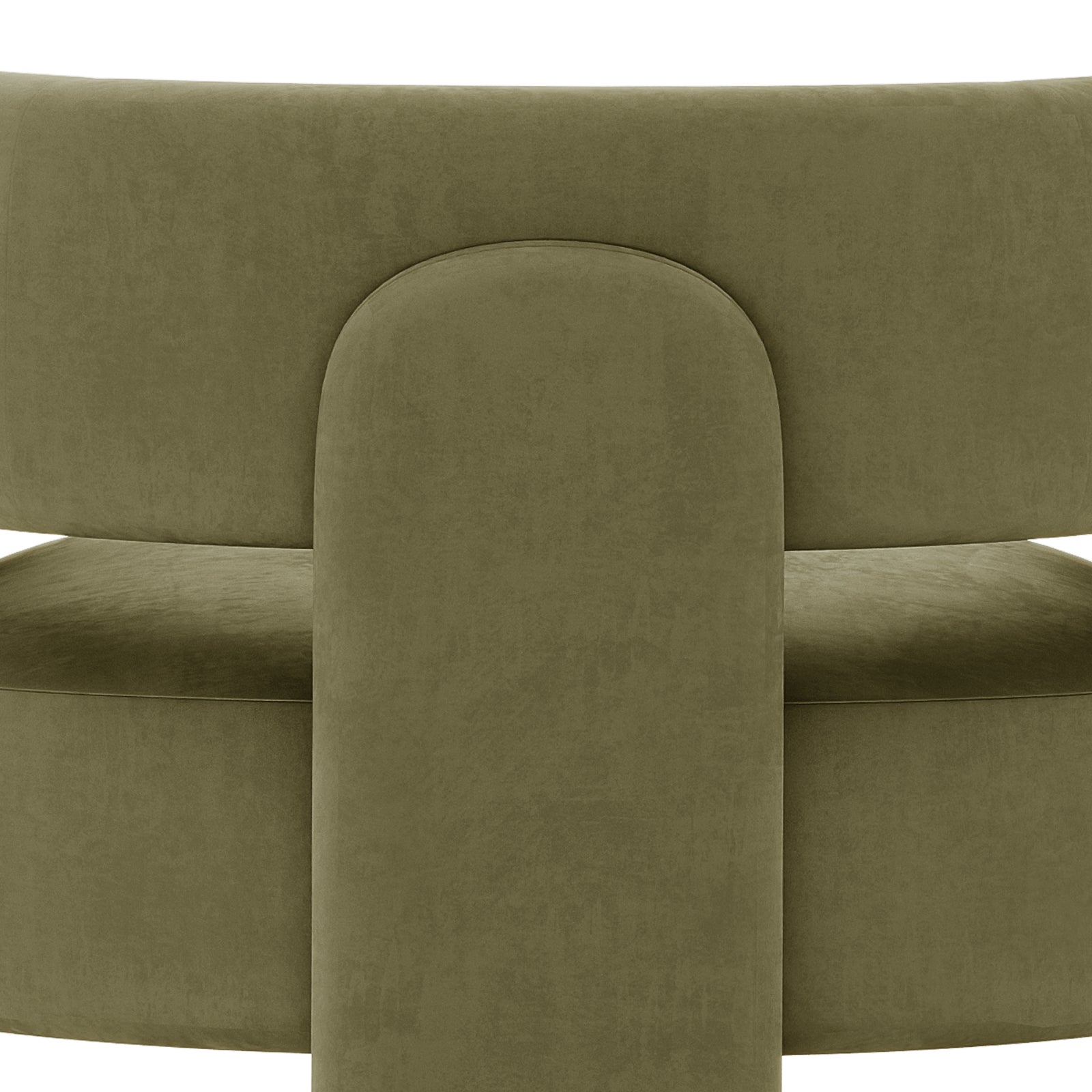 Seto Velvet Curved Occasional Accent Chair – Sage: Close-up of olive-green, drum-shaped chair with rounded cushions and curved backrest, in soft velvet or microsuede fabric, showcasing modern, elegant design.