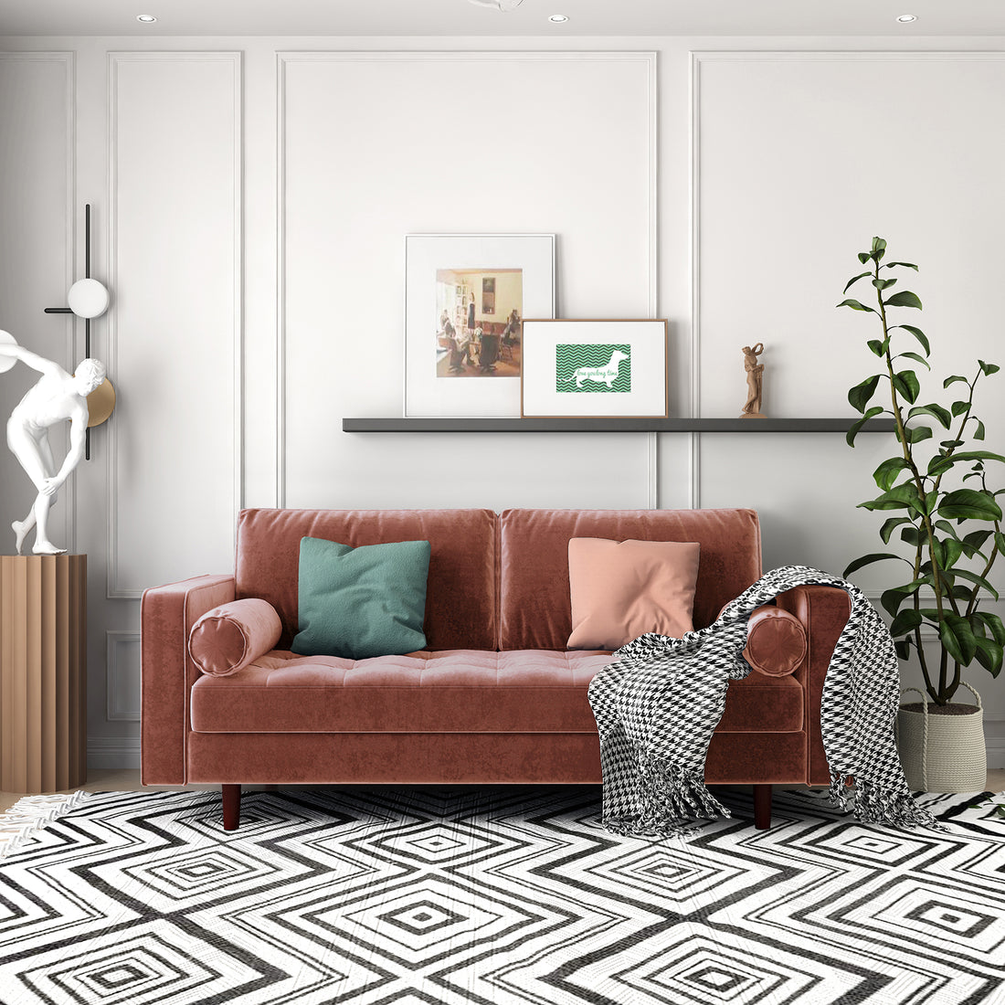 Sollia 3-Seater Velvet Sofa - Blush placed in a stylish interior, featuring a soft blush velvet finish, complemented by a green pillow and white statue, enhancing modern sophistication and comfort.