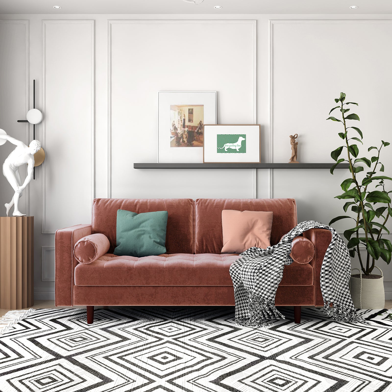 Sollia 3-Seater Velvet Sofa - Blush placed in a stylish interior, featuring a soft blush velvet finish, complemented by a green pillow and white statue, enhancing modern sophistication and comfort.