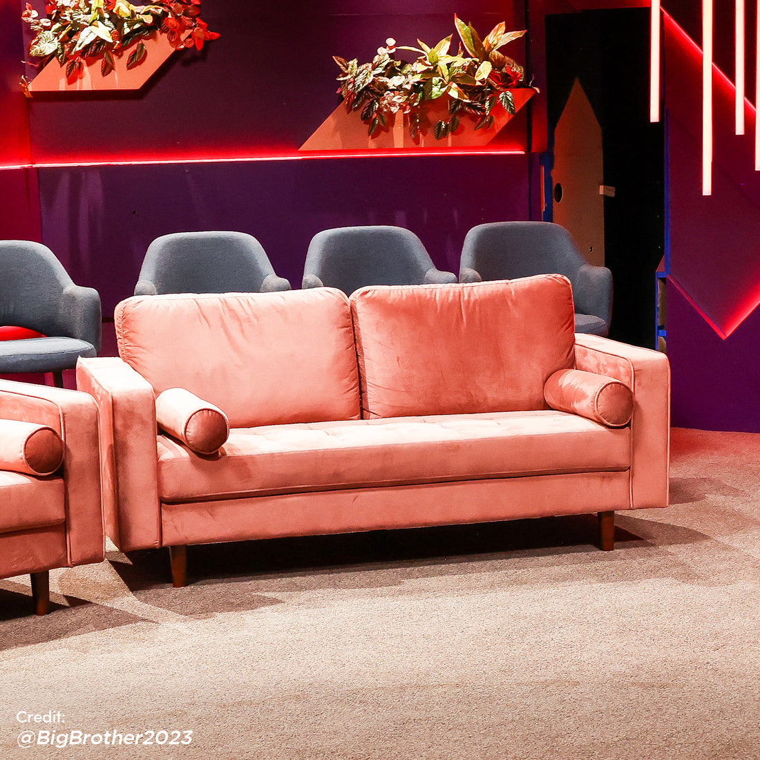 Sollia 3-Seater Velvet Sofa in Blush, showcasing plush velvet upholstery and elegant design details including matching bolster pillows and sleek wooden feet, highlighting its luxurious and modern aesthetic.