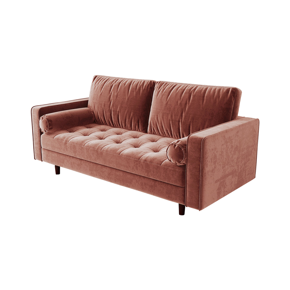 Sollia 3-Seater Velvet Sofa in Blush, showcasing plush velvet upholstery and sleek wooden feet, designed for modern elegance and comfort, accommodating three people comfortably.