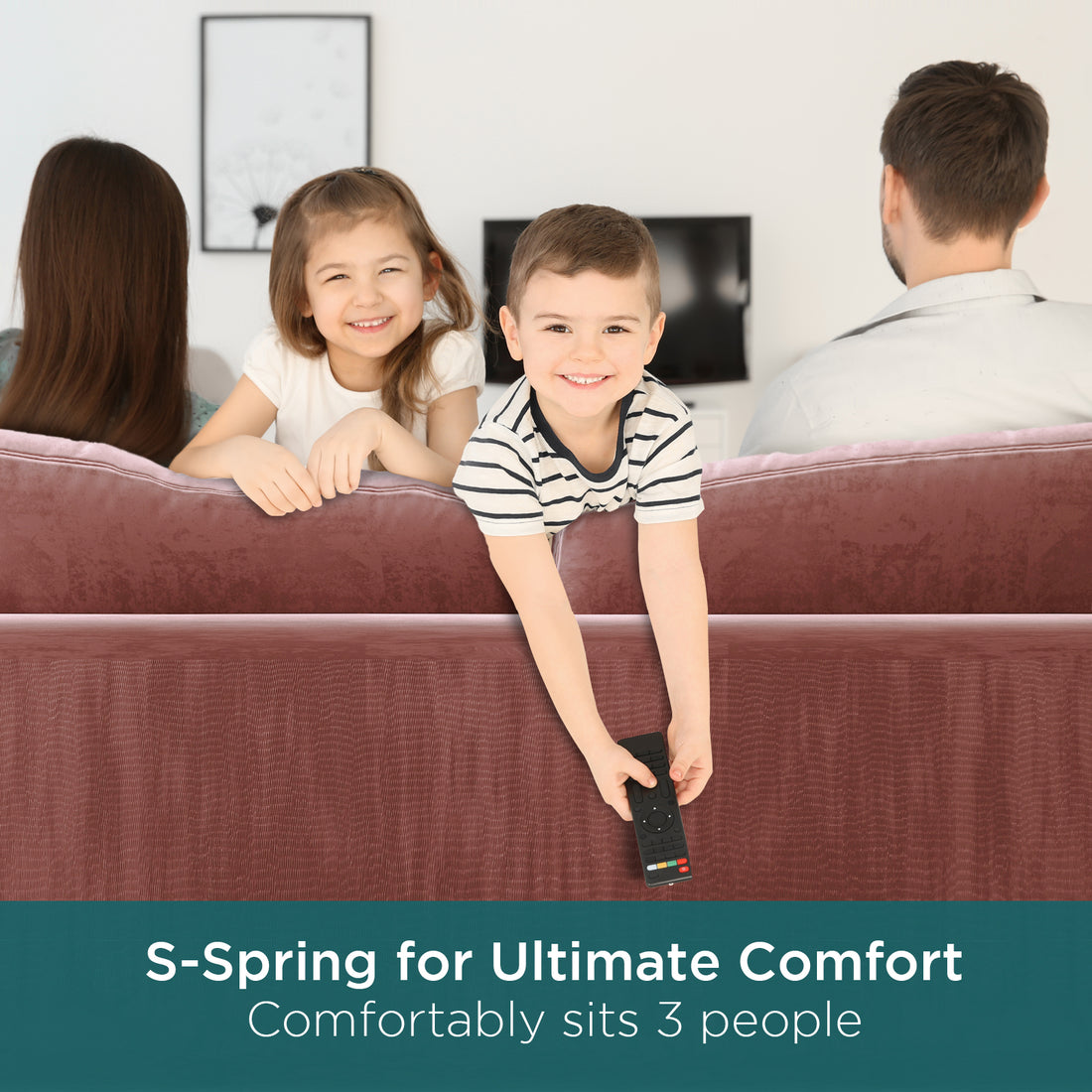 Sollia 3-Seater Velvet Sofa - Blush with sleek design, plush fixed cushions, blush velvet upholstery, and matching bolster pillows, seated by a group on a couch, showcasing comfort and elegance.