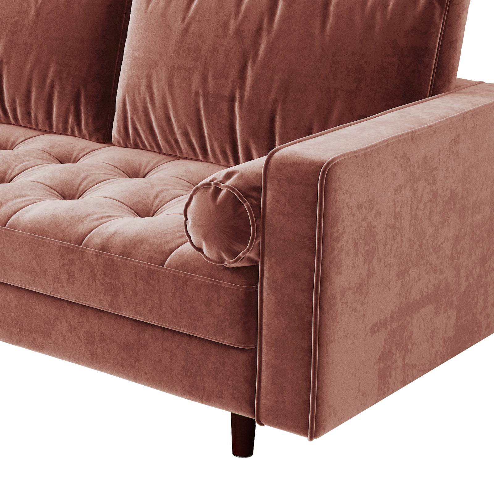 Sollia 3-Seater Velvet Sofa - Blush: Close-up of plush velvet upholstery, fixed cushions, and wooden armrest, showcasing elegant craftsmanship and luxurious design.
