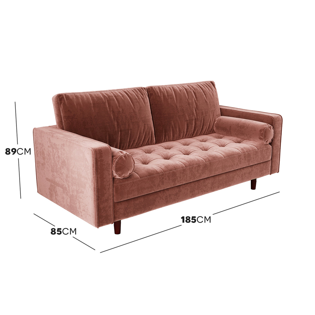 Sollia 3-Seater Velvet Sofa - Blush, featuring plush velvet upholstery with elegantly crafted cushion details, perfect for adding a touch of luxury and sophistication to any modern living space.