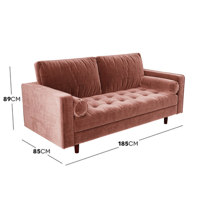 Sollia 3-Seater Velvet Sofa - Blush, featuring plush velvet upholstery with elegantly crafted cushion details, perfect for adding a touch of luxury and sophistication to any modern living space.