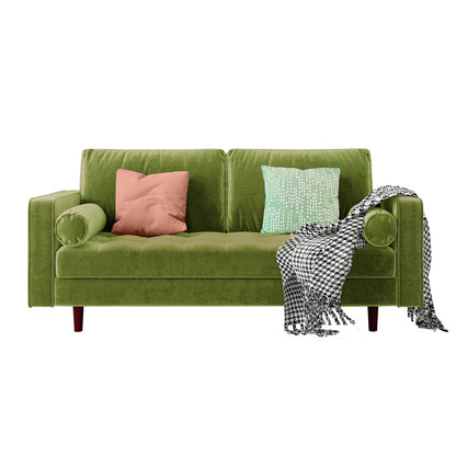 Sollia 3-Seater Velvet Sofa - Jade Green featuring plush velvet upholstery, sleek design, and matching pillows. The sofa's elegant jade green color adds sophistication and comfort to any living space.