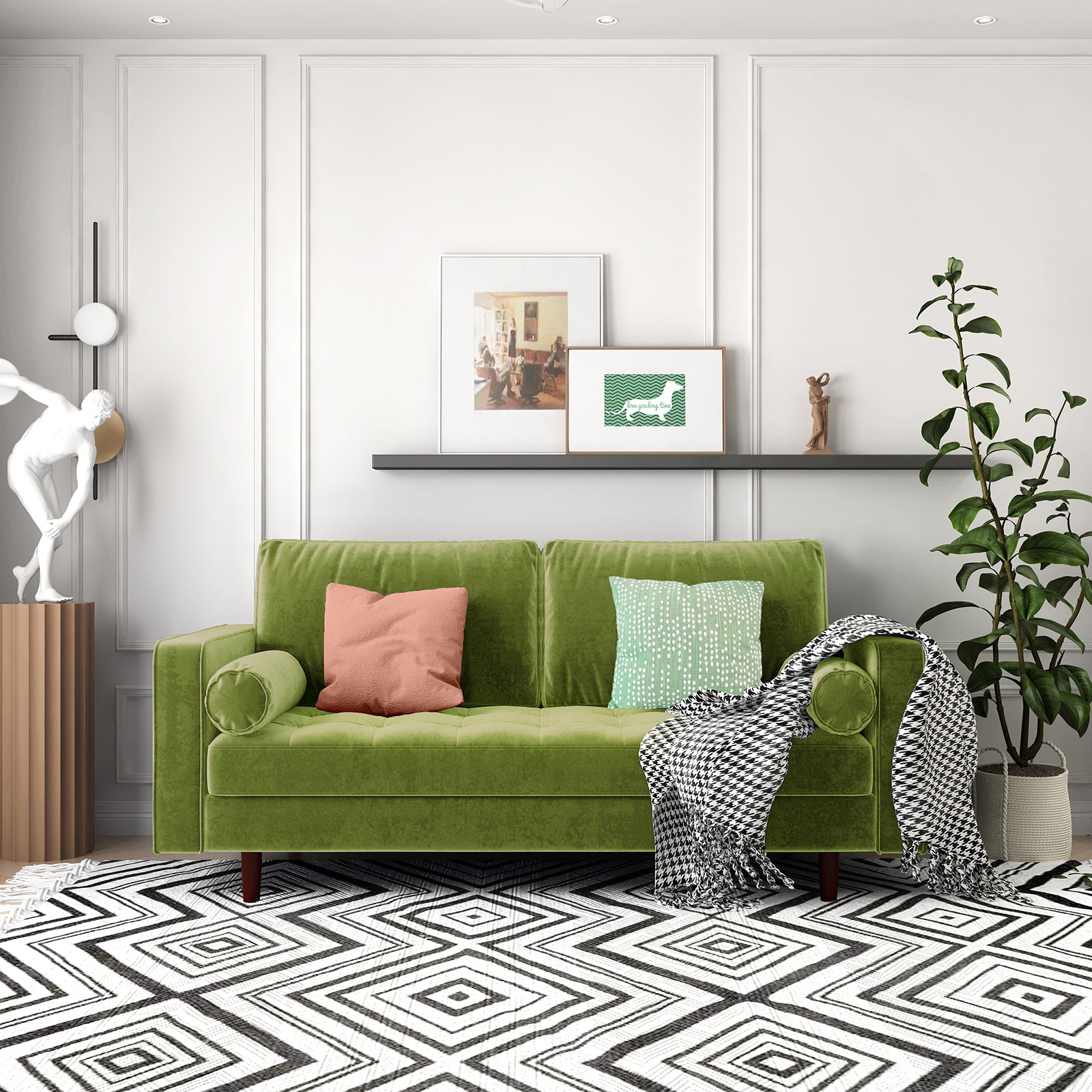 Sollia 3-Seater Velvet Sofa in jade green with plush velvet upholstery, matching round bolster pillows, and stylish wooden feet, set on a green couch with a pink pillow and decorative statue nearby.