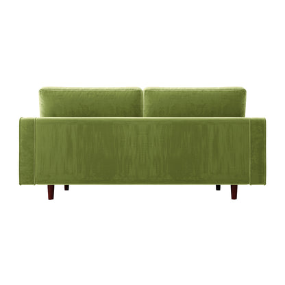 Sollia 3-Seater Velvet Sofa - Jade Green: A stylish green couch with wooden legs, featuring luxurious velvet upholstery, two matching round bolster pillows, and a sleek, modern silhouette for sophisticated comfort.