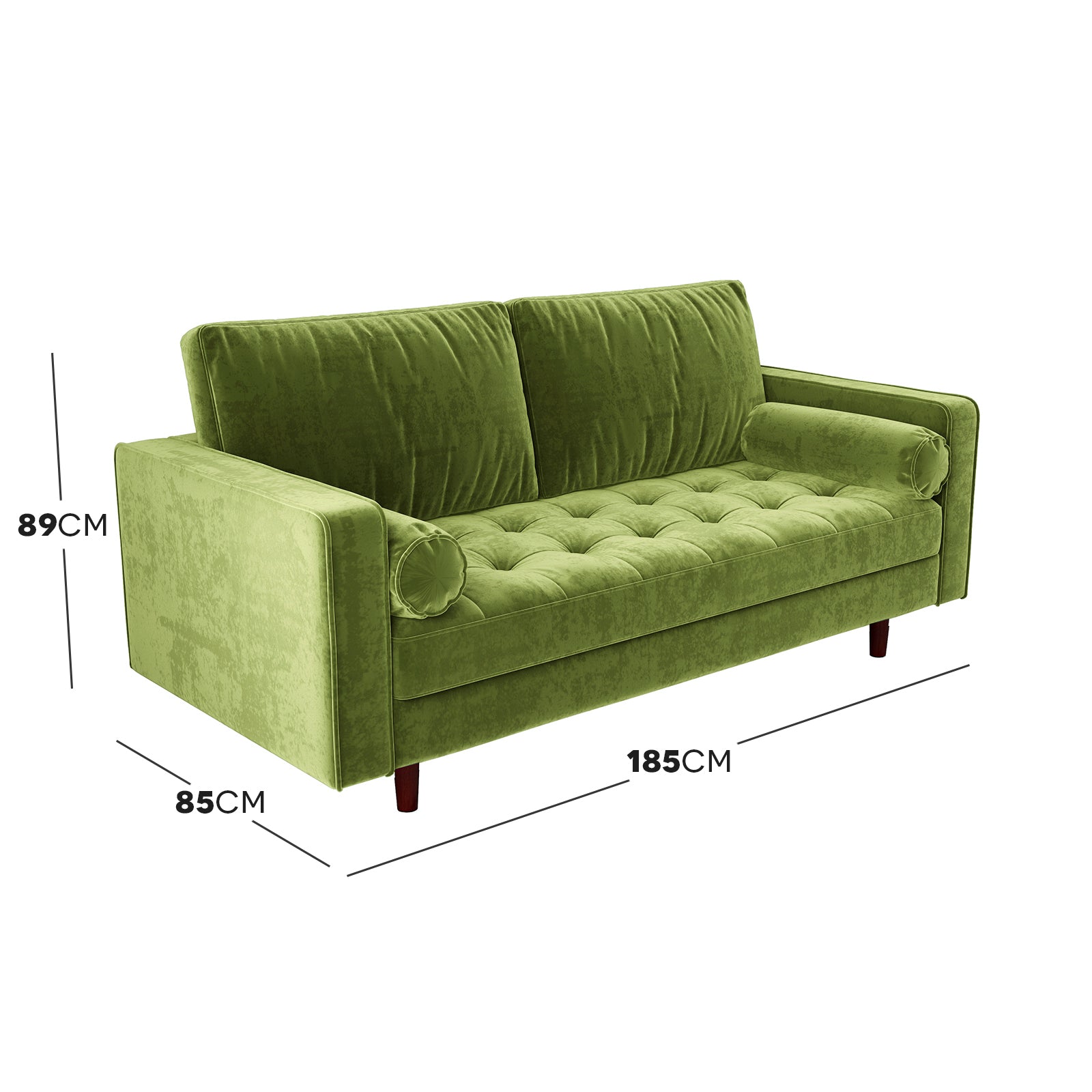 Sollia 3-Seater Velvet Sofa in jade green with plush velvet upholstery, sleek wooden feet, and matching round bolster pillows, showcasing a modern design that comfortably seats three.