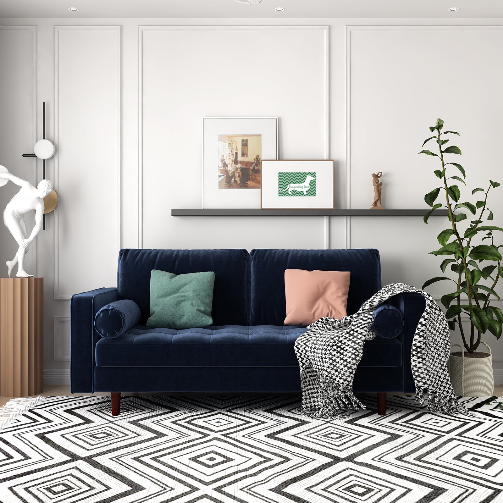 Sollia 3-Seater Velvet Sofa - Navy Blue: A plush navy blue velvet couch with sleek lines, featuring two matching round bolster pillows, perfectly suited for elegant and modern living room interiors.