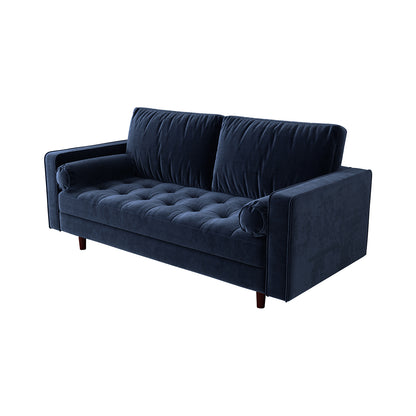 Sollia 3-Seater Velvet Sofa in navy blue, showcasing plush velvet upholstery, sleek modern design, and two round bolster pillows, emphasizing luxury and comfort.