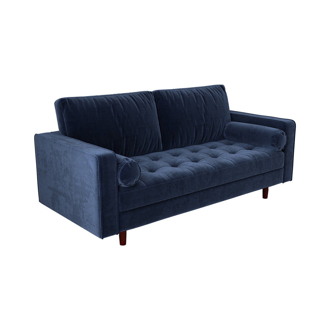 Sollia 3-Seater Velvet Sofa in Navy Blue, showcasing its plush velvet upholstery and sleek, modern design, emphasizing comfort and elegance with matching round bolster pillows.
