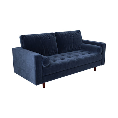 Sollia 3-Seater Velvet Sofa in Navy Blue, showcasing its plush velvet upholstery and sleek, modern design, emphasizing comfort and elegance with matching round bolster pillows.