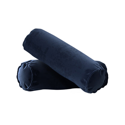 Sollia 3-Seater Velvet Sofa in Navy Blue, featuring plush velvet upholstery, a sleek design, wooden legs, and two matching round bolster pillows, showcased in a close-up view highlighting its luxurious texture.