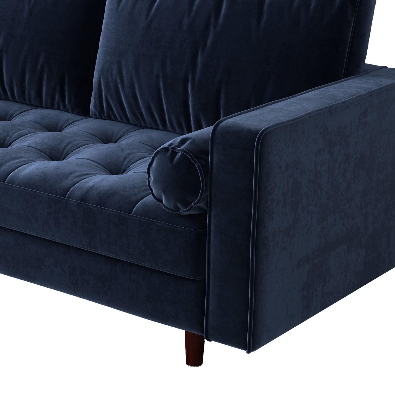 Sollia 3-Seater Velvet Sofa - Navy Blue, showcasing plush velvet upholstery and sleek wooden legs, designed to comfortably seat three. Features elegant round bolster pillows for added comfort and sophistication.