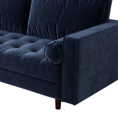 Sollia 3-Seater Velvet Sofa - Navy Blue, showcasing plush velvet upholstery and sleek wooden legs, designed to comfortably seat three. Features elegant round bolster pillows for added comfort and sophistication.