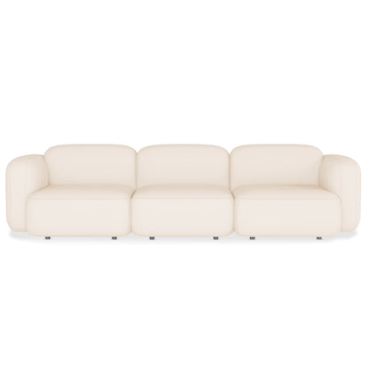 Soraya 3 Seater Modular Velvet Sofa Set with plush velvet upholstery, featuring a sleek, low-rise design, black legs, and prominent armrests, highlighting its modern, modular configuration for versatile living room arrangements.