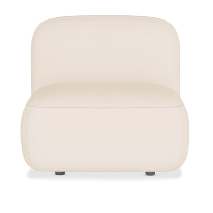 Soraya Velvet Sectional Single Sofa in Cream White, featuring a low-profile, boxy design with rounded edges and small dark feet, upholstered in smooth, luxurious cream velvet fabric for modern elegance.