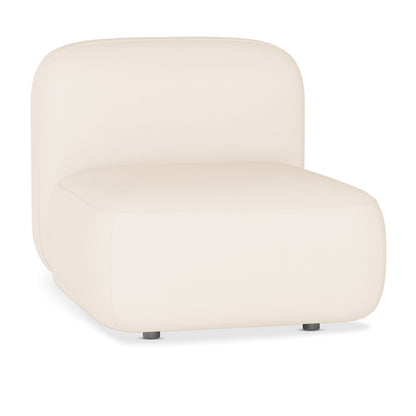 Soraya Velvet Sectional Single Sofa in Cream White, featuring armless design, smooth, off-white upholstery, rounded edges, low profile, and small dark feet, perfect for modern, elegant living spaces.