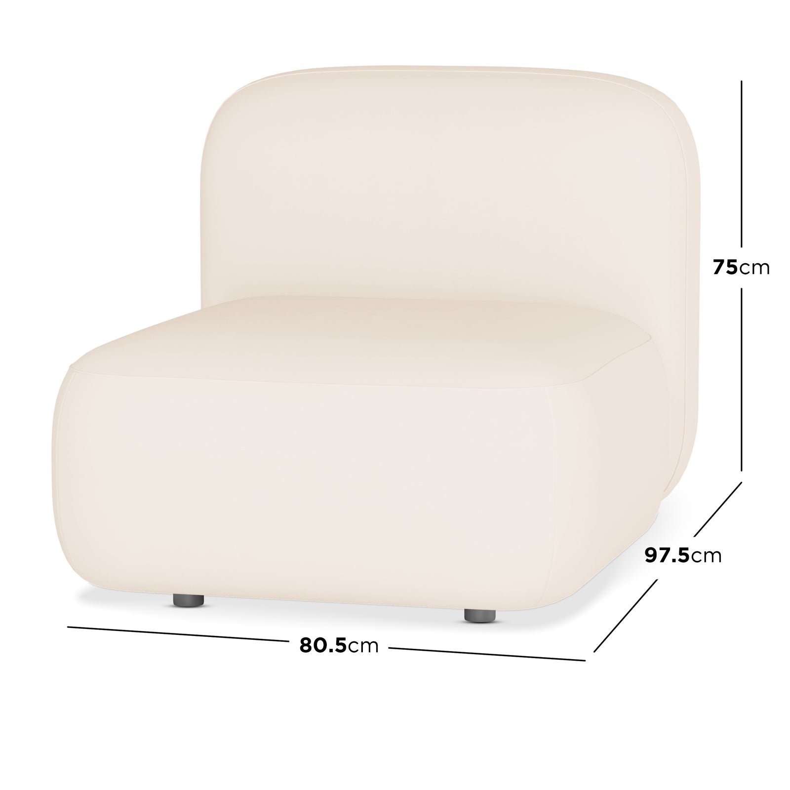 Soraya Velvet Sectional Single Sofa in Cream White features a rounded backrest and seat, armless design, and small legs, showcasing a sleek, modular style with elegant velvet upholstery. Dimensions: 80.5x97.5x75cm.