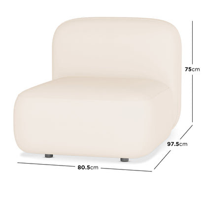 Soraya Velvet Sectional Single Sofa in Cream White features a rounded backrest and seat, armless design, and small legs, showcasing a sleek, modular style with elegant velvet upholstery. Dimensions: 80.5x97.5x75cm.