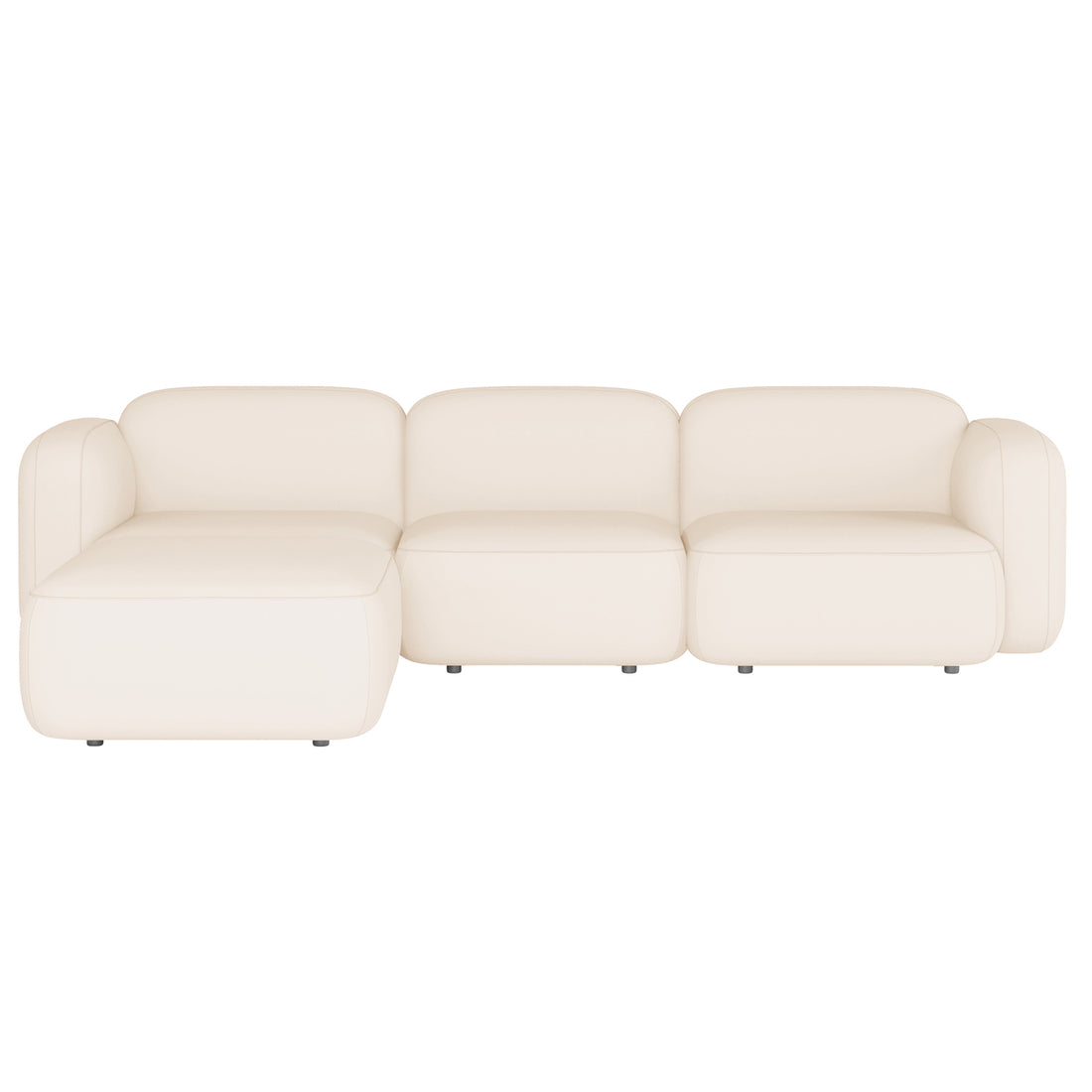 Soraya 3 Seater Velvet Sectional Sofa in Cream White, featuring an L-shaped design with softly rounded arms, chaise lounge on the left, and low black feet, showcasing elegant and minimalistic style.