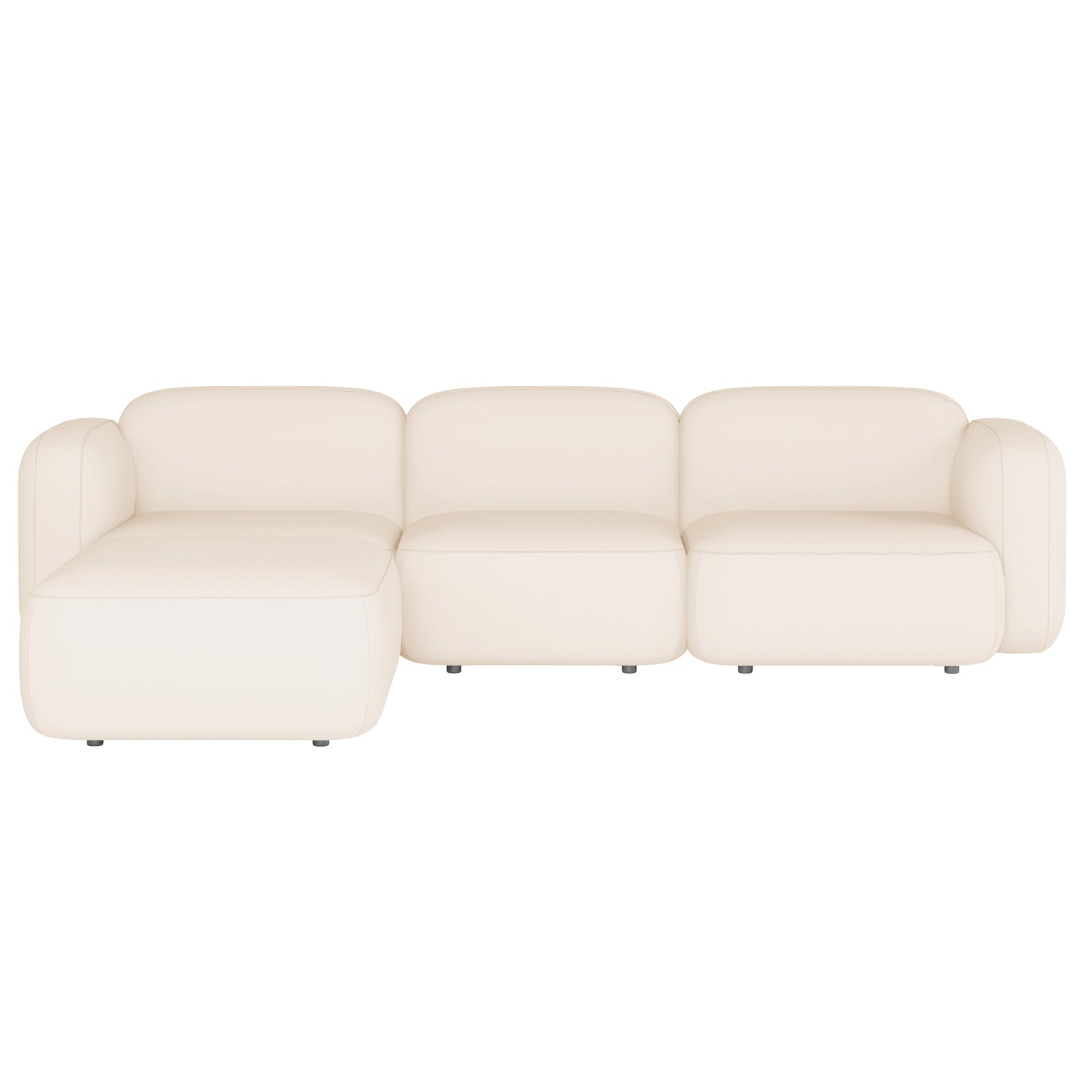 Soraya 3 Seater Velvet Sectional Sofa in Cream White, featuring an L-shaped design with softly rounded arms, chaise lounge on the left, and low black feet, showcasing elegant and minimalistic style.