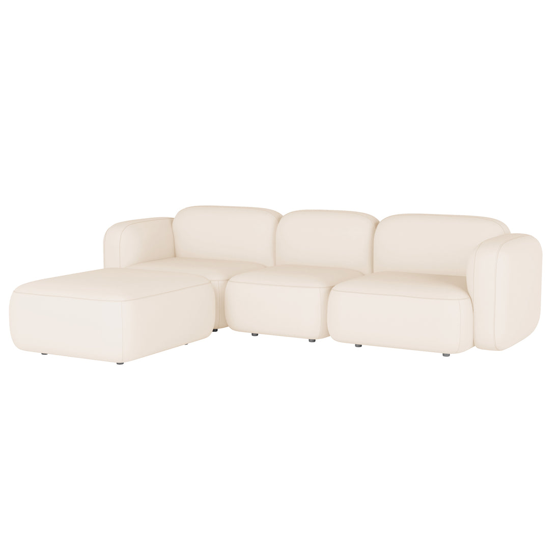 Soraya 3 Seater Velvet Sectional Sofa in Cream White, featuring a modern, modular design with three seats, one armrest, and a matching ottoman/chaise on the left, all with softly rounded corners.