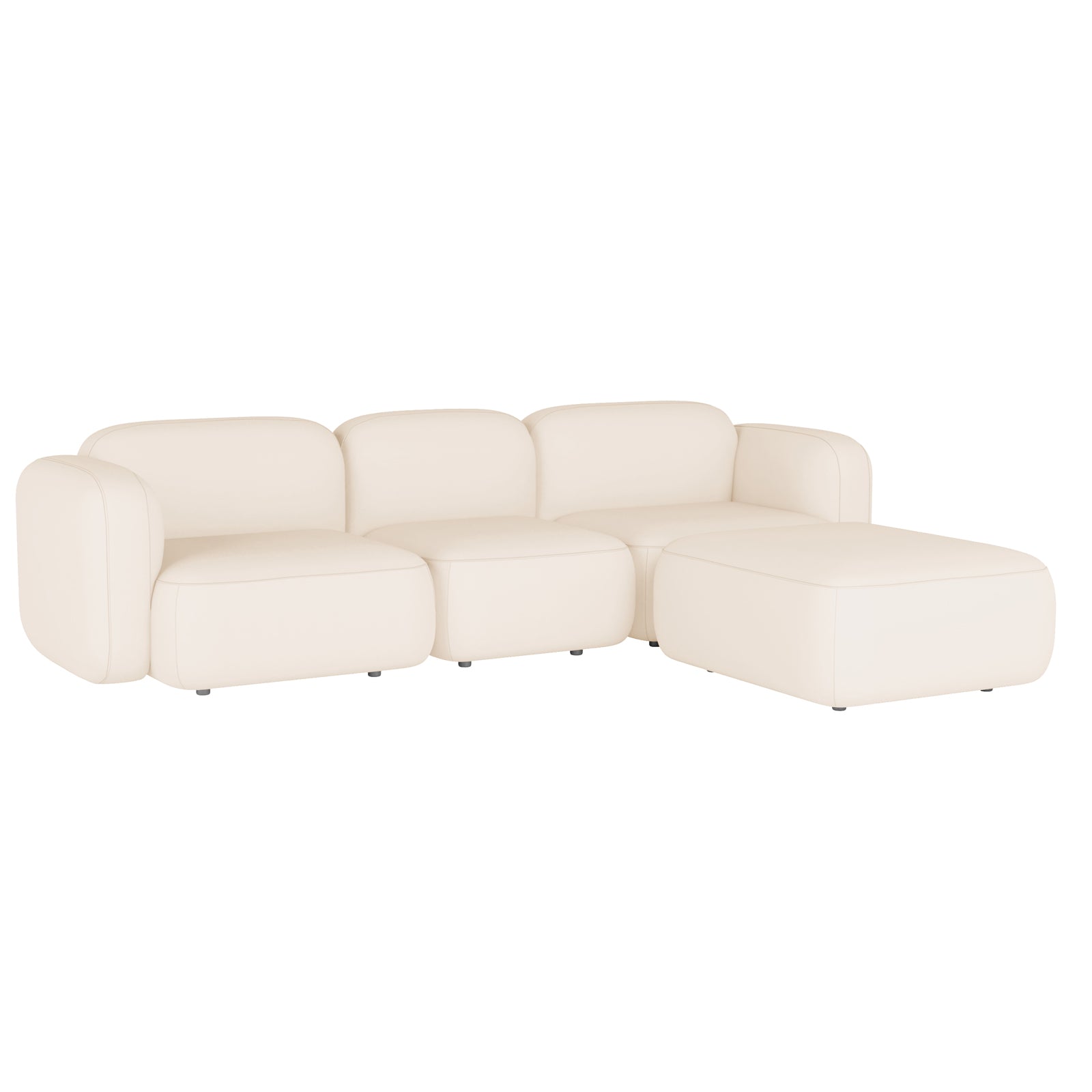 Soraya 3 Seater Velvet Sectional Sofa in Cream White featuring a low-profile design with modular pieces, including two middle seats, left-arm seat, and a versatile ottoman/chaise with softly rounded edges.