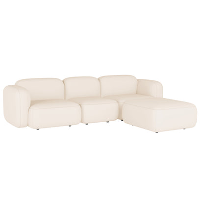 Soraya 3 Seater Velvet Sectional Sofa in Cream White featuring a low-profile design with modular pieces, including two middle seats, left-arm seat, and a versatile ottoman/chaise with softly rounded edges.