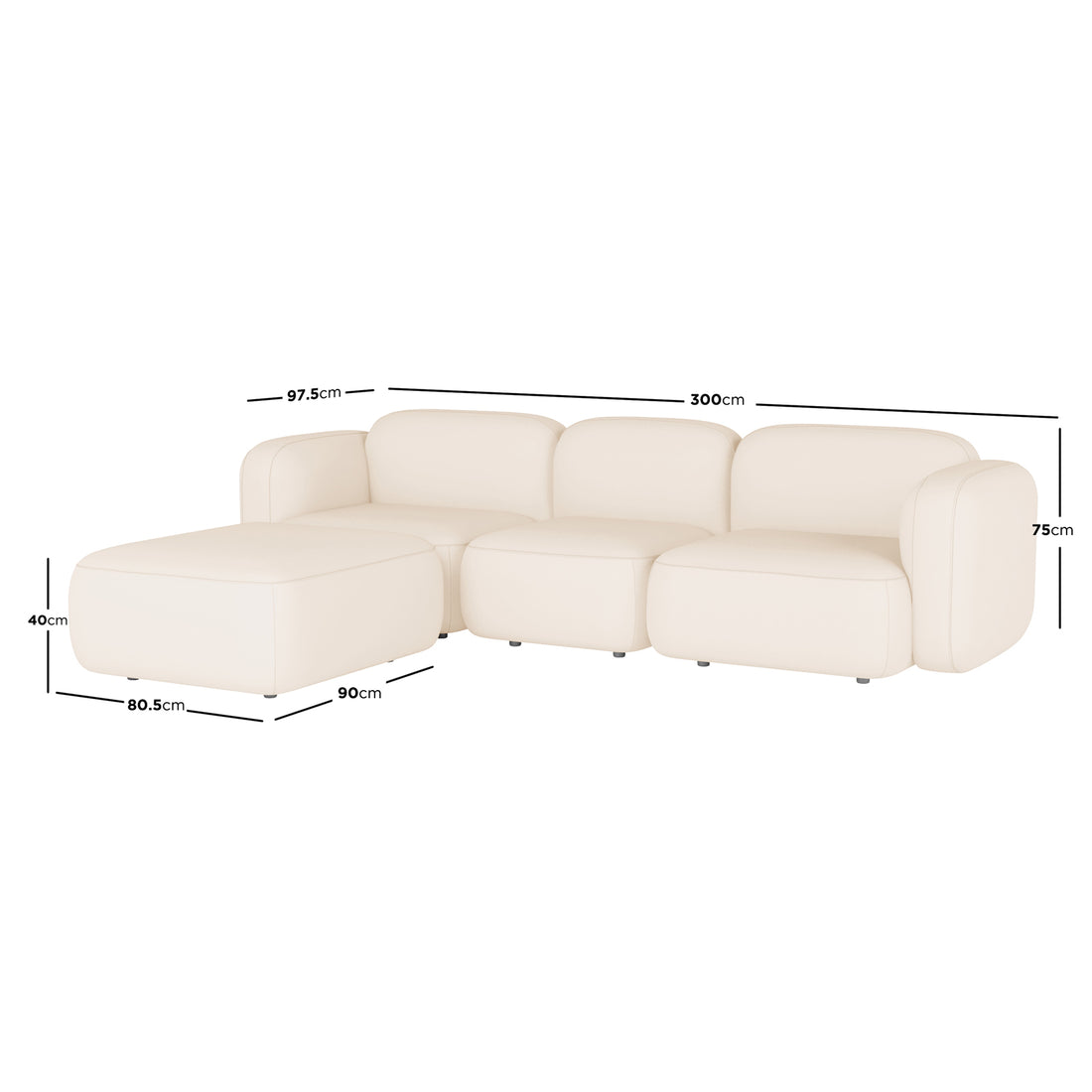Soraya 3-Seater Velvet Sectional Sofa in Cream White, L-shaped with modular design, includes moveable ottoman and chaise. Dimensions: 300cm length, 90cm depth, 75cm height, enhancing any modern living space.