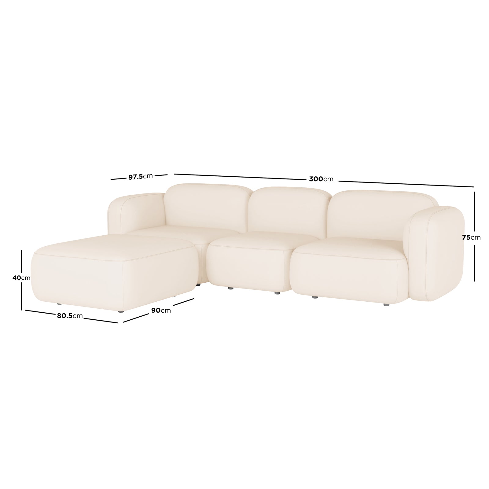 Soraya 3-Seater Velvet Sectional Sofa in Cream White, L-shaped with modular design, includes moveable ottoman and chaise. Dimensions: 300cm length, 90cm depth, 75cm height, enhancing any modern living space.