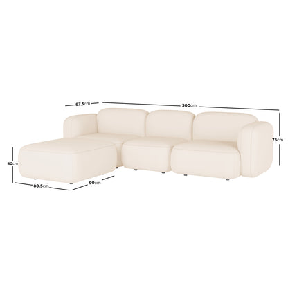 Soraya 3-Seater Velvet Sectional Sofa in Cream White, L-shaped with modular design, includes moveable ottoman and chaise. Dimensions: 300cm length, 90cm depth, 75cm height, enhancing any modern living space.
