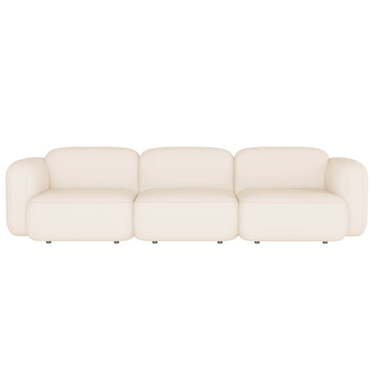 Soraya 3 Seater Velvet Sectional Sofa in Cream White, featuring broad rounded cushions, softly curved armrests, and a low-profile design, set on a white background.