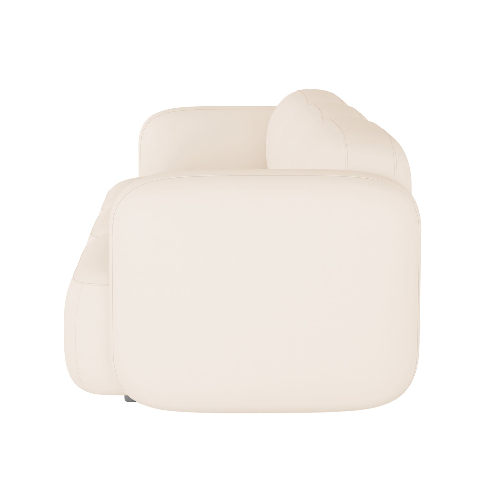 Soraya 3-Seater Velvet Sectional Sofa in Cream White; side view shows its modern, blocky silhouette with thick, padded cushions, emphasizing a low, minimalist profile without visible legs against a plain background.