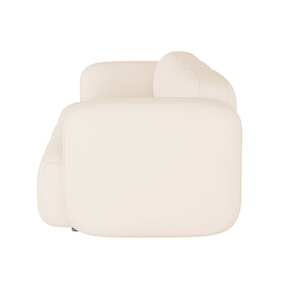 Soraya 3-Seater Velvet Sectional Sofa in Cream White; side view shows its modern, blocky silhouette with thick, padded cushions, emphasizing a low, minimalist profile without visible legs against a plain background.