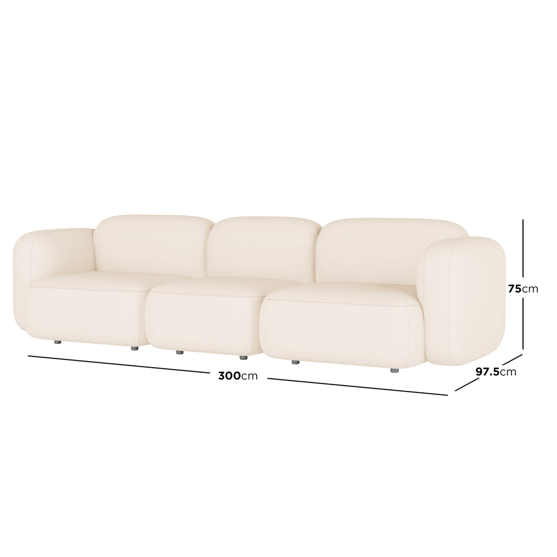 Soraya 3 Seater Velvet Sectional Sofa in Cream White features a modern, low-profile design with a movable ottoman, upholstered in luxurious velvet. Dimension lines depict its size: 300 cm wide, 97.5 cm deep, 75 cm tall.