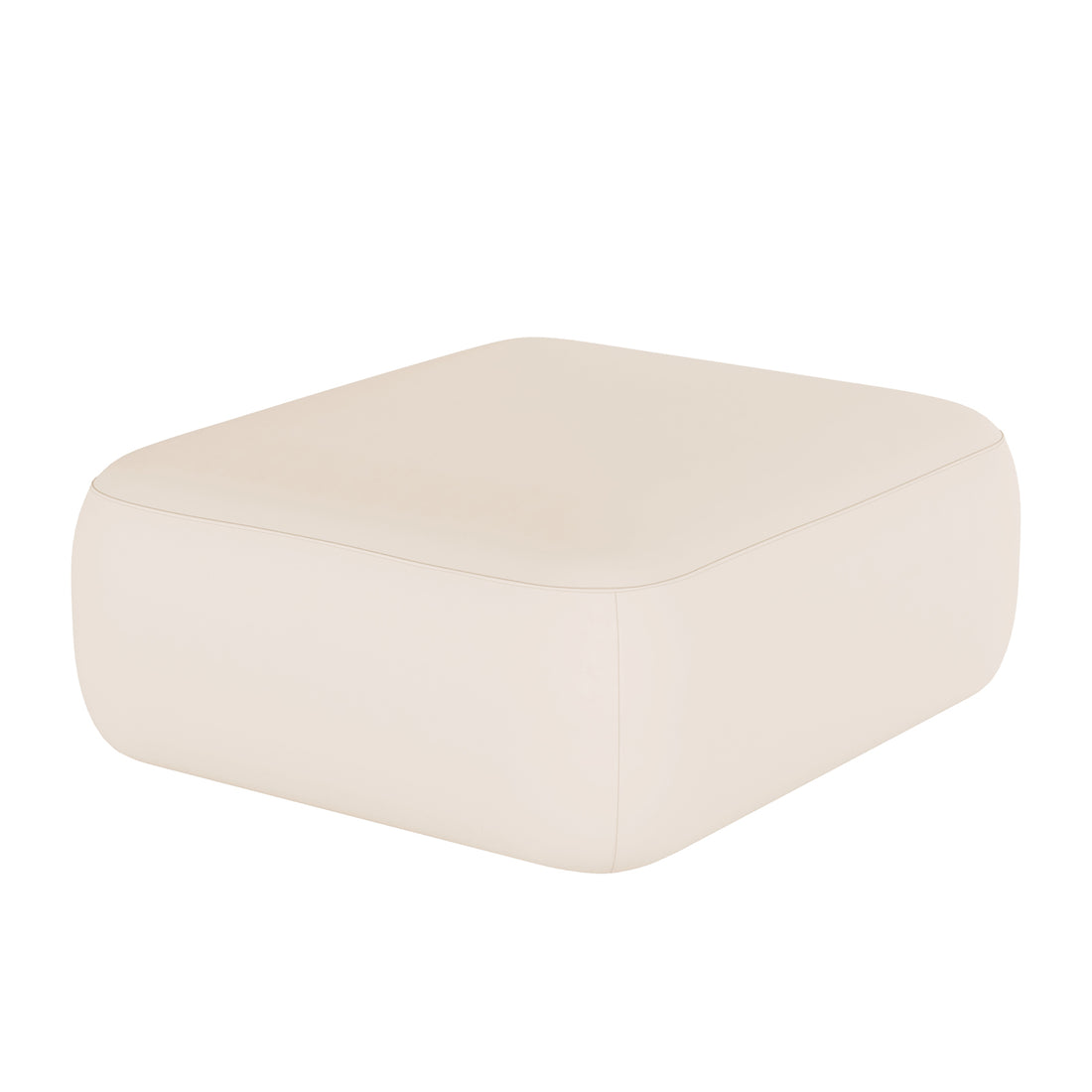 Soraya 3 Seater Velvet Sectional Sofa in Cream White features a square-shaped ottoman with gently rounded edges, upholstered in smooth, light beige fabric, enhancing its sleek, modern appeal.