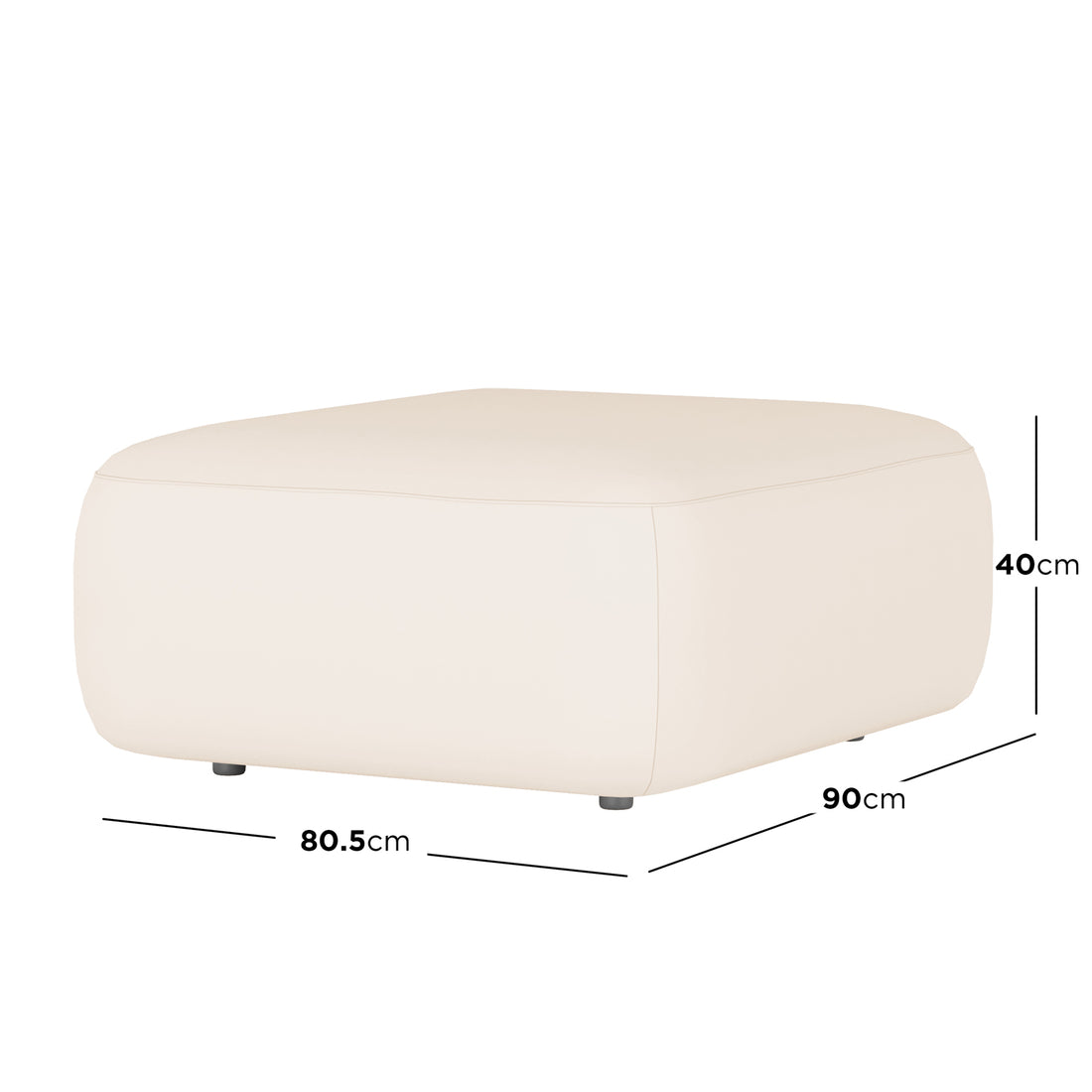 Soraya 3-Seater Velvet Sectional Sofa in Cream White shown with a low, square-ish, cream upholstered ottoman with rounded corners on small feet, measuring 80.5 cm by 90 cm by 40 cm.