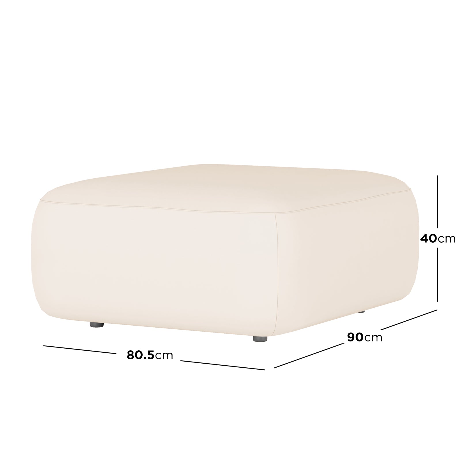 Soraya 3-Seater Velvet Sectional Sofa in Cream White shown with a low, square-ish, cream upholstered ottoman with rounded corners on small feet, measuring 80.5 cm by 90 cm by 40 cm.