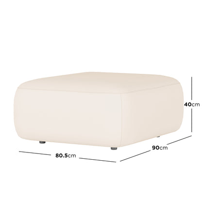 Soraya 3-Seater Velvet Sectional Sofa in Cream White shown with a low, square-ish, cream upholstered ottoman with rounded corners on small feet, measuring 80.5 cm by 90 cm by 40 cm.