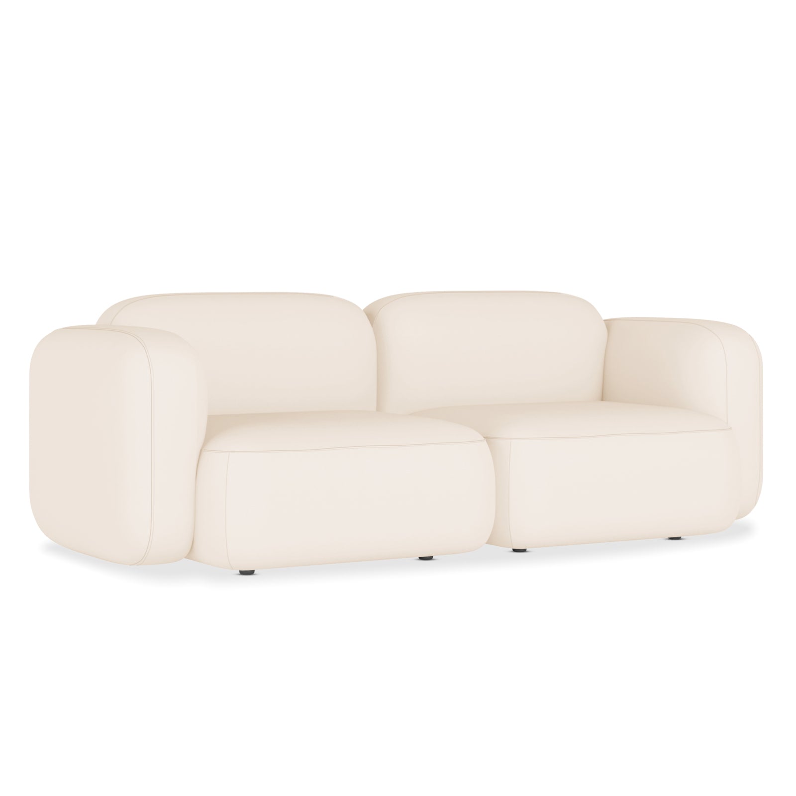 Soraya 2 Seater Velvet Sectional Sofa in Cream White with oversized, rounded cushions and nearly invisible legs, showcasing a modern, low-profile design in plush velvet fabric for stylish, customizable seating.