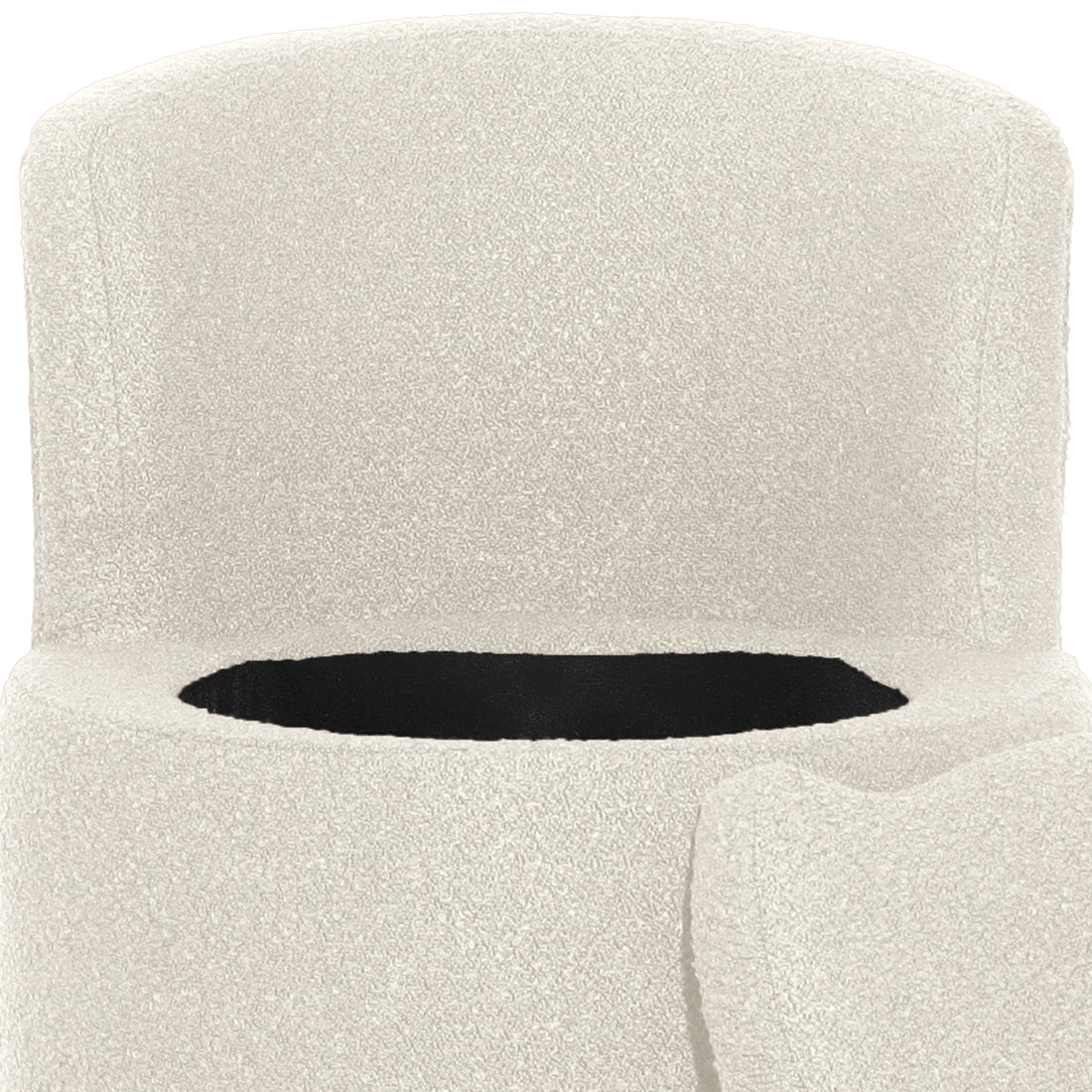 Close-up of Sorra Boucle Swivel Storage Accent Chair in Cream White, showcasing its textured bouclé upholstery and opening for the hidden storage under the removable seat cushion.