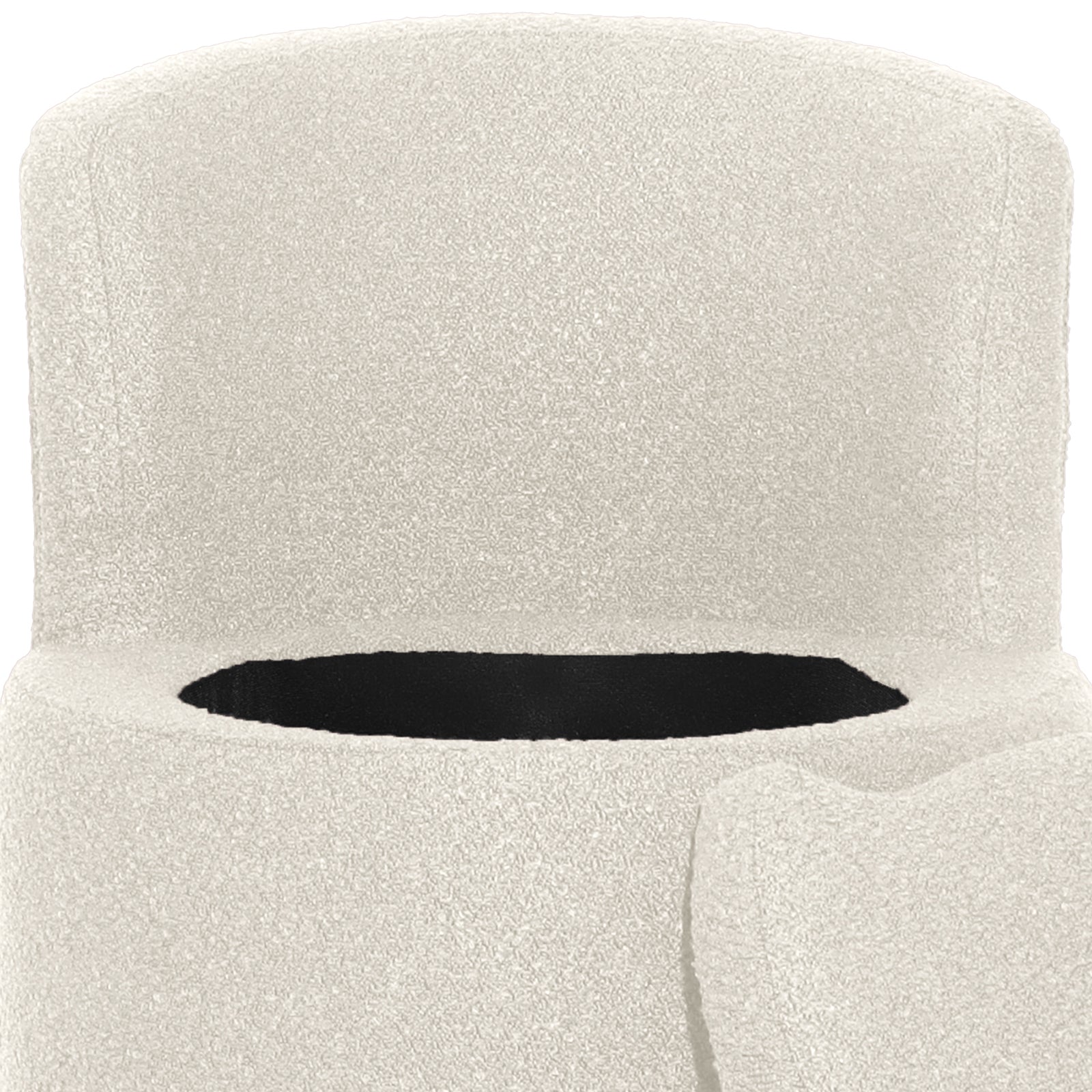 Close-up of Sorra Boucle Swivel Storage Accent Chair in Cream White, showcasing its textured bouclé upholstery and opening for the hidden storage under the removable seat cushion.
